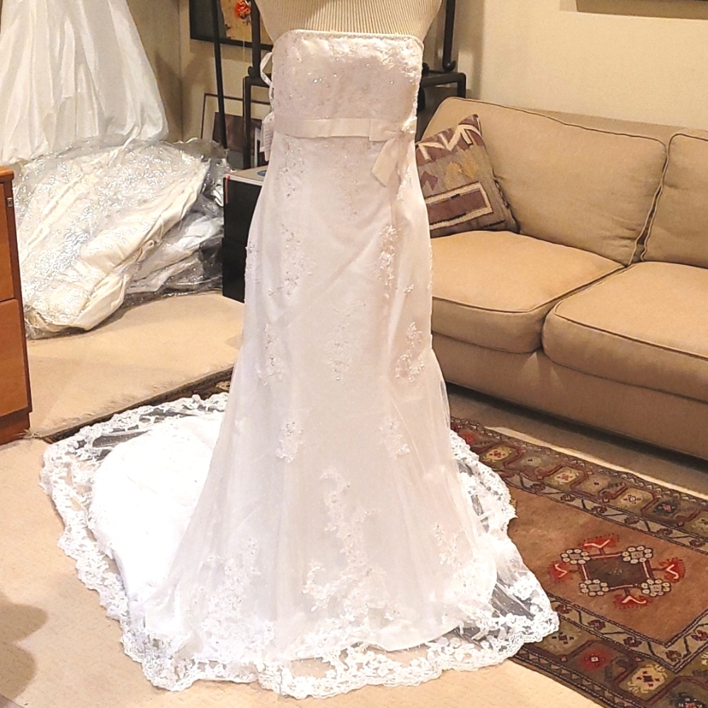 Mesh lace over satin empire waist bow scallop edge gathered train bridal gown